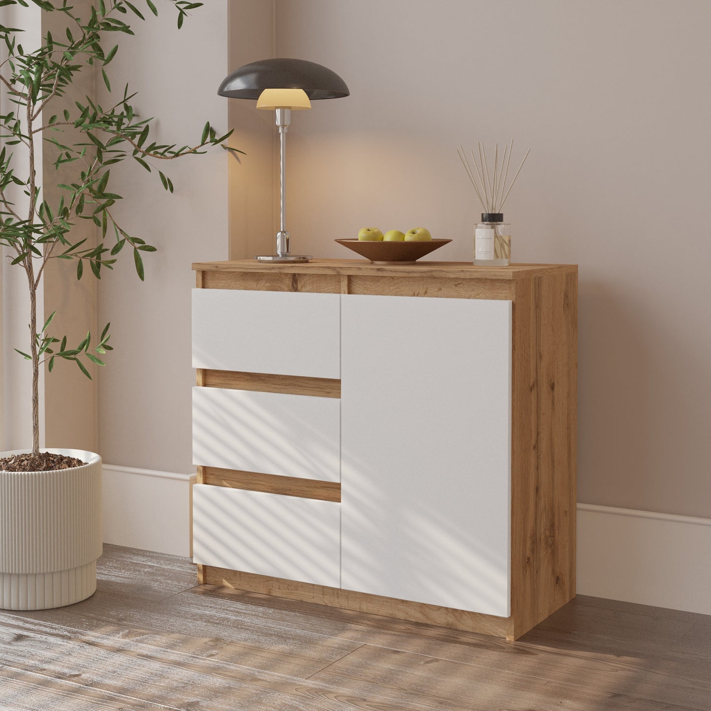 MIKEL - Cassettiera con 3 cassetti e 1 anta - Credenza per camera da letto - Quercia Wotan / Bianco Opaco