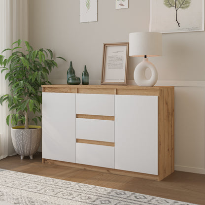 MIKEL - Cassettone con 3 cassetti e 2 ante - Credenza per camera da letto - Quercia Wotan / Bianco Opaco