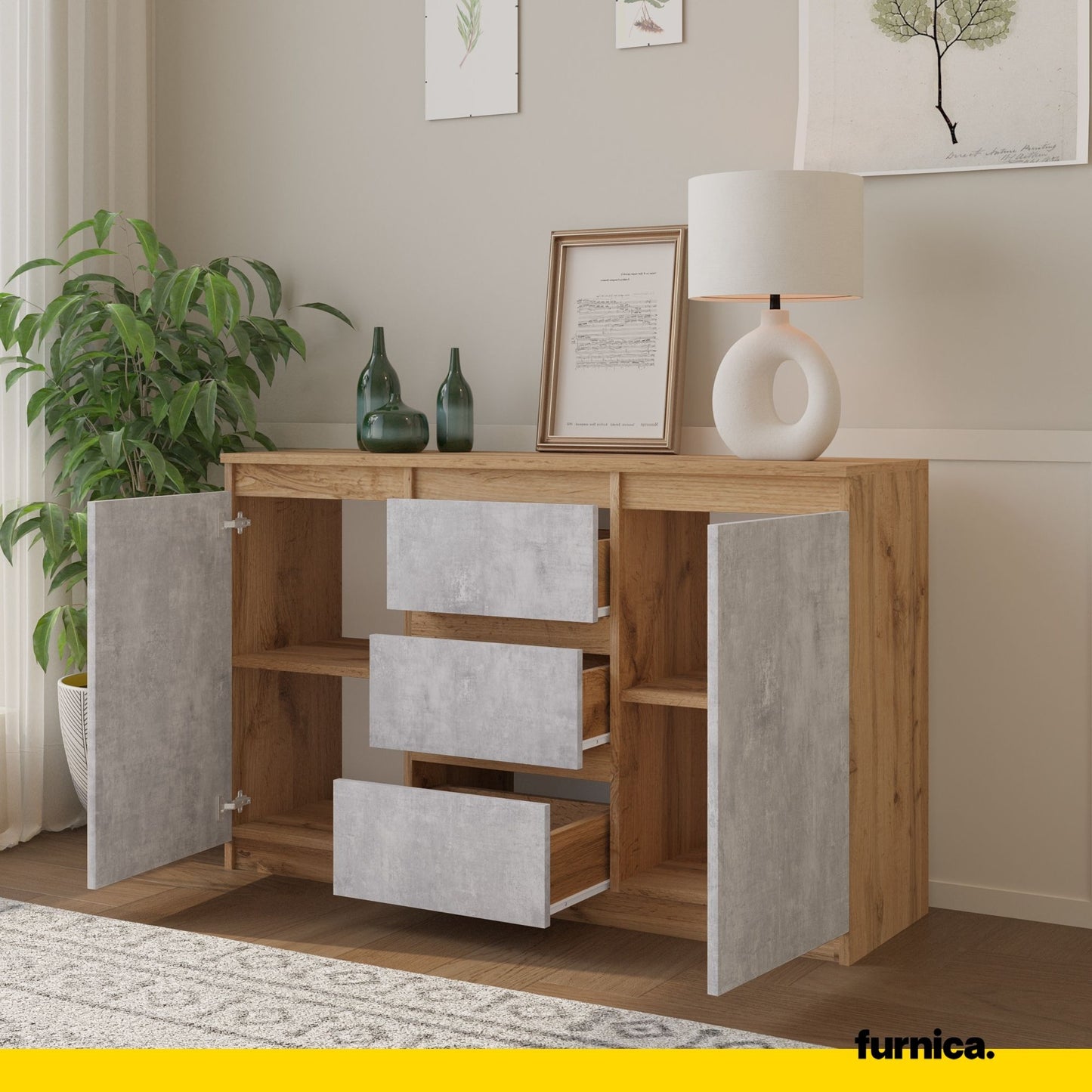 MIKEL - Cassettone con 3 cassetti e 2 ante - Credenza per camera da letto - Quercia Wotan / Calcestruzzo