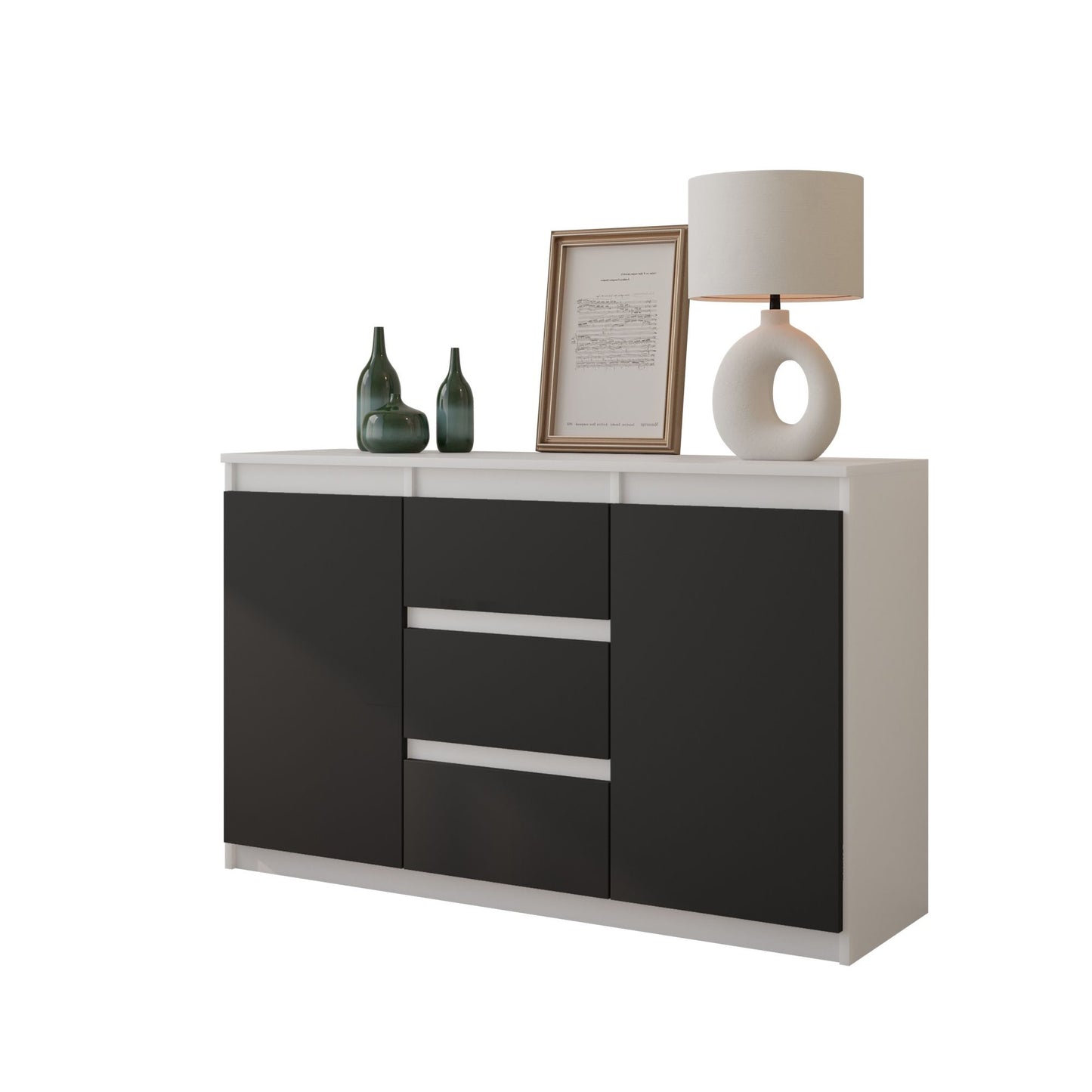 MIKEL - Cassettiera con 3 cassetti e 2 ante - Credenza per camera da letto - Bianco Opaco / Antracite