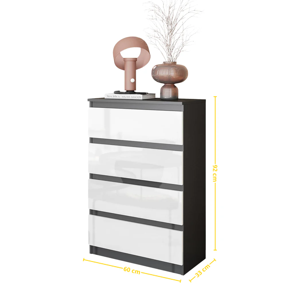 GABRIEL - Cassettiera a 4 cassetti - Credenza per camera da letto - Antracite / Bianco lucido