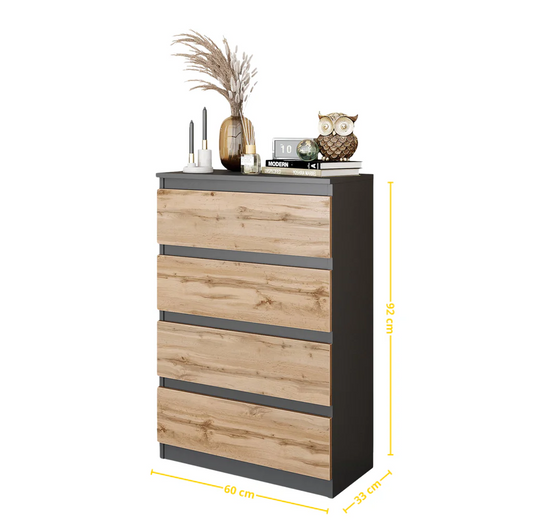 GABRIEL - Comò a 4 cassetti - Credenza per camera da letto - Antracite / Rovere Wotan