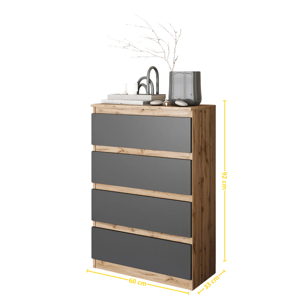 GABRIEL - Cassettiera a 4 cassetti - Credenza per camera da letto - Quercia wotan / Antracite