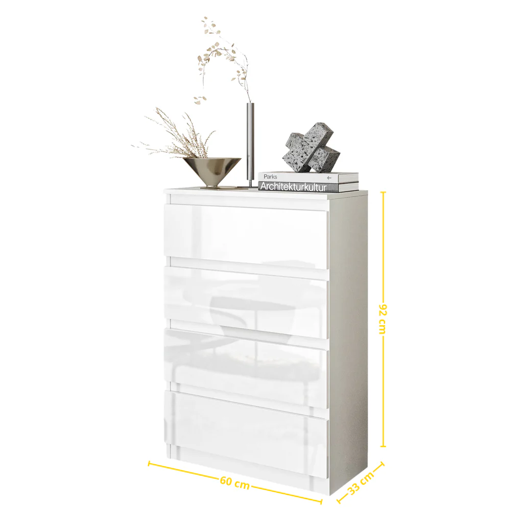 GABRIEL - Comò a 4 cassetti - Credenza per camera da letto - Bianco opaco / Bianco lucido