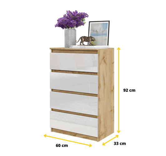 GABRIEL - Cassettiera a 4 cassetti - Credenza per camera da letto - Quercia wotan / Bianco lucido