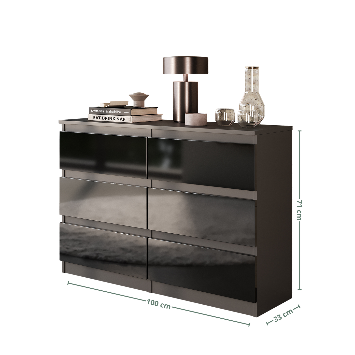 GABRIEL - Cassettiera a 6 cassetti - Credenza per camera da letto - Antracite / Nero lucido