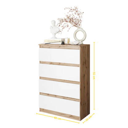 GABRIEL - Cassettiera a 4 cassetti - Credenza per camera da letto - Quercia wotan / Bianco opaco