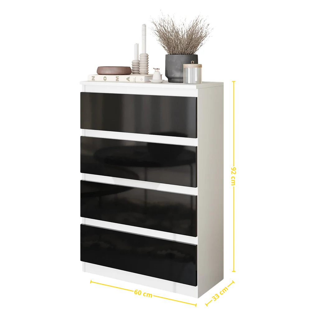 GABRIEL - Cassettiera a 4 cassetti - Credenza per camera da letto - Bianco opaco / Nero lucido
