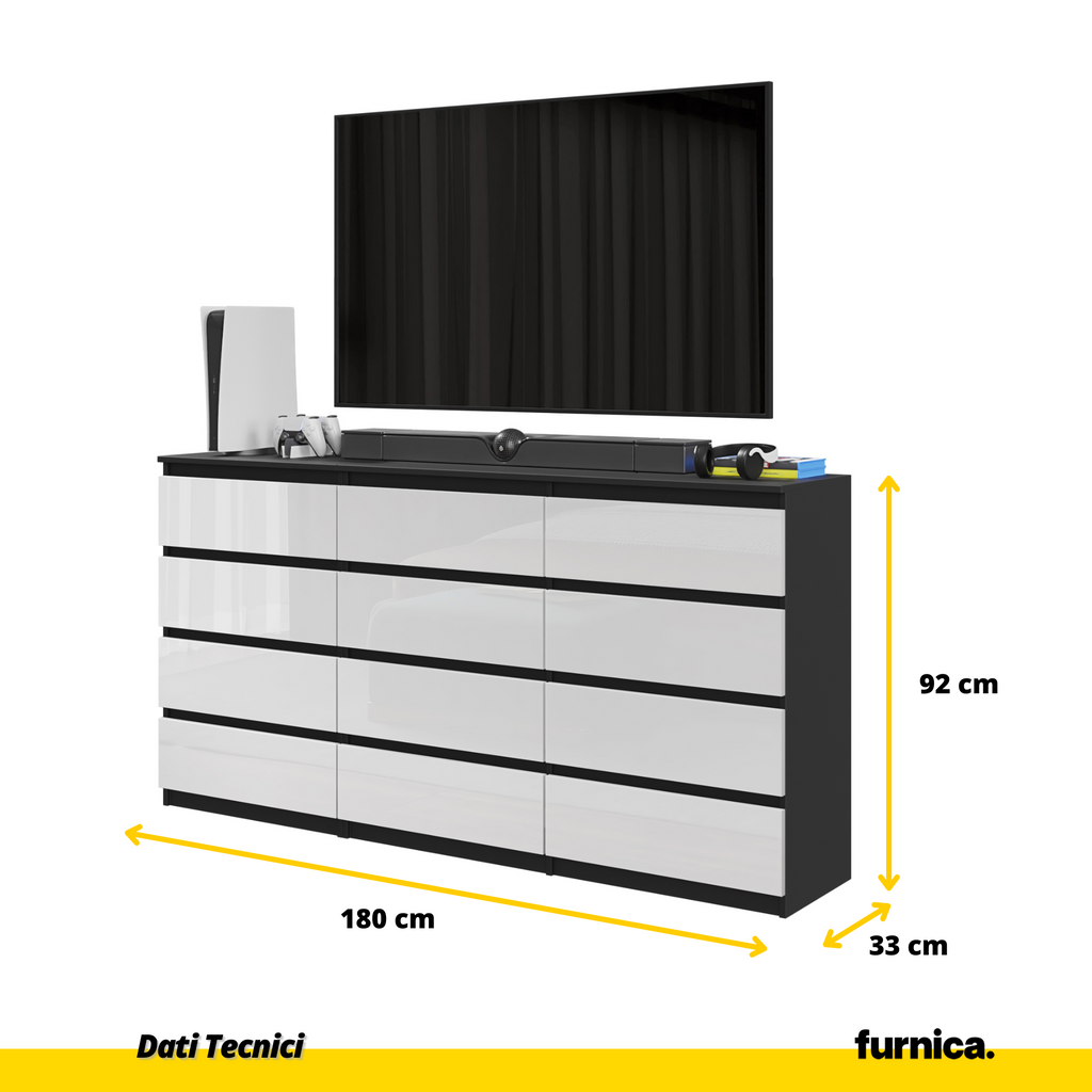 GABRIEL - Cassettiera a 12 cassetti (8+4) - Credenza per camera da letto - Nero Opaco / Bianco Lucido