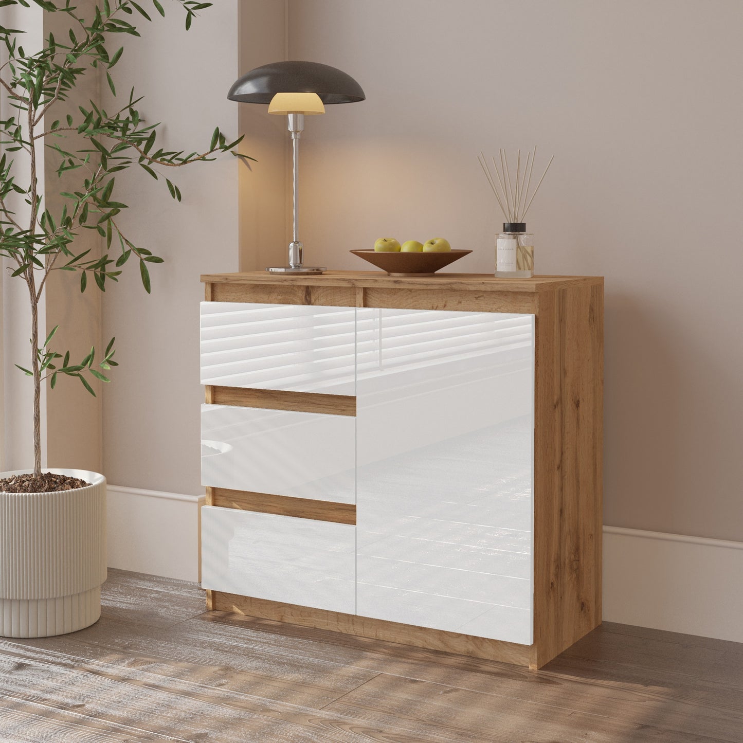 MIKEL - Cassettiera con 3 cassetti e 1 anta - Credenza per camera da letto - Quercia Wotan / Bianco Lucido