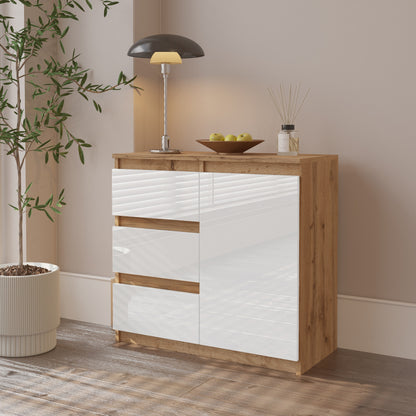 MIKEL - Cassettiera con 3 cassetti e 1 anta - Credenza per camera da letto - Quercia Wotan / Bianco Lucido