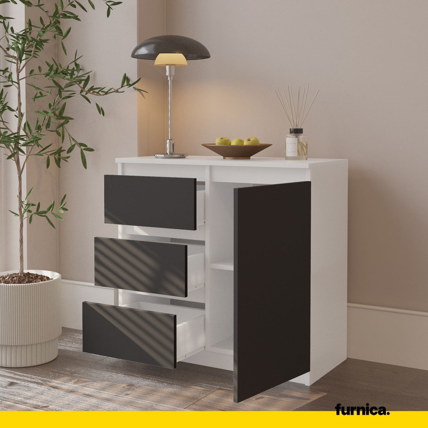 MIKEL - Cassettiera con 3 cassetti e 1 anta - Credenza per camera da letto - Bianco Opaco / Antracite