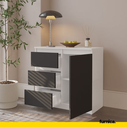 MIKEL - Cassettiera con 3 cassetti e 1 anta - Credenza per camera da letto - Bianco Opaco / Antracite