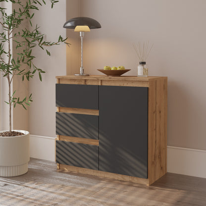 MIKEL - Cassettiera con 3 cassetti e 1 anta - Credenza per camera da letto - Quercia Wotan / Antracite