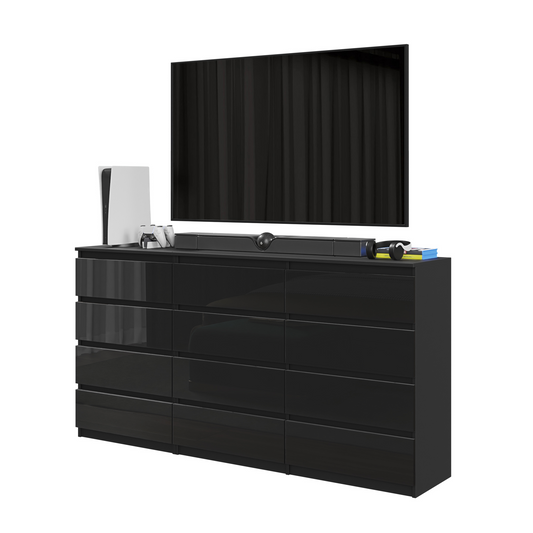 GABRIEL - Cassettiera a 12 cassetti (8+4) - Credenza per camera da letto - Nero Opaco / Nero Lucido
