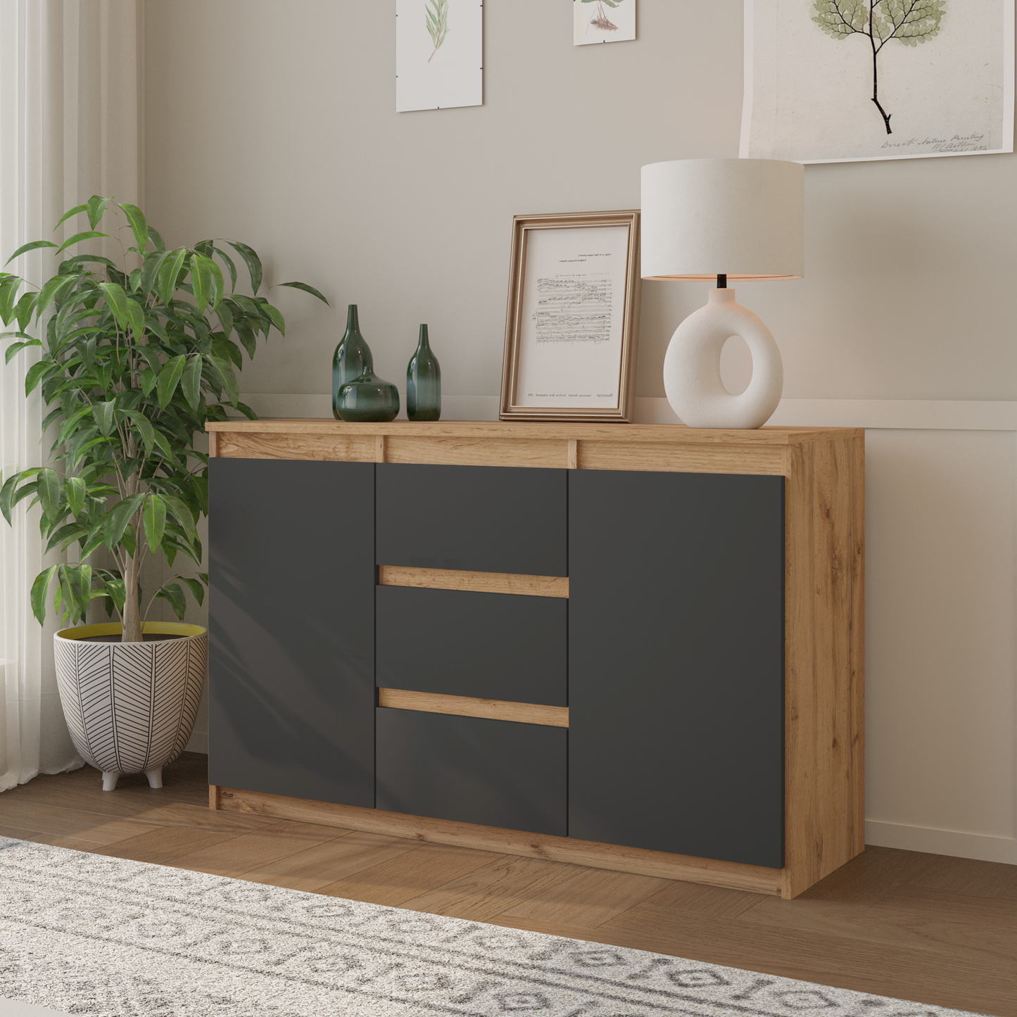 MIKEL - Cassettone con 3 cassetti e 2 ante - Credenza per camera da letto - Quercia Wotan / Antracite