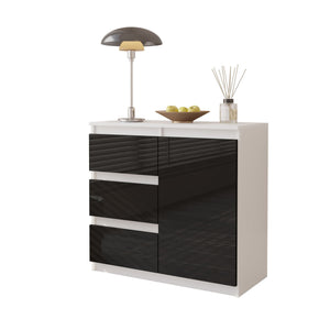 MIKEL - Cassettiera con 3 cassetti e 1 anta - Credenza per camera da letto - Bianco Opaco / Nero Lucido