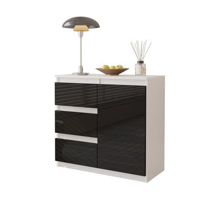 MIKEL - Cassettiera con 3 cassetti e 1 anta - Credenza per camera da letto - Bianco Opaco / Nero Lucido