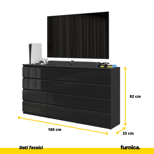 GABRIEL - Cassettiera a 12 cassetti (8+4) - Credenza per camera da letto - Nero Opaco / Nero Lucido
