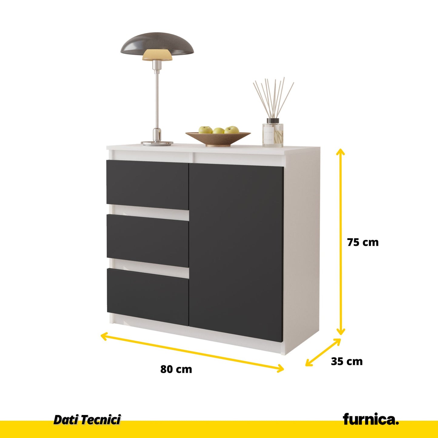MIKEL - Cassettiera con 3 cassetti e 1 anta - Credenza per camera da letto - Bianco Opaco / Antracite