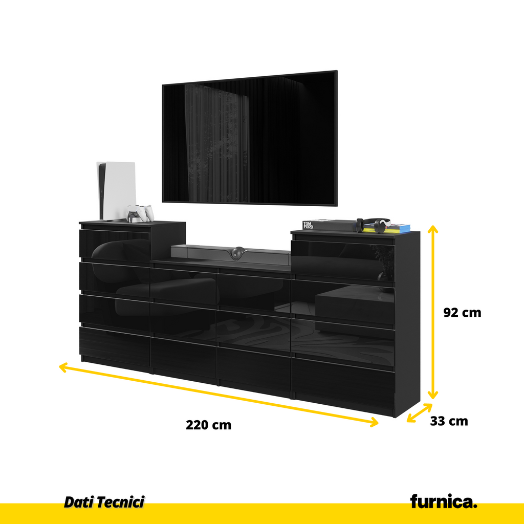 GABRIEL - Cassettiera a 14 cassetti (4+6+4) - Credenza per camera da letto - Nero Opaco / Nero Lucido