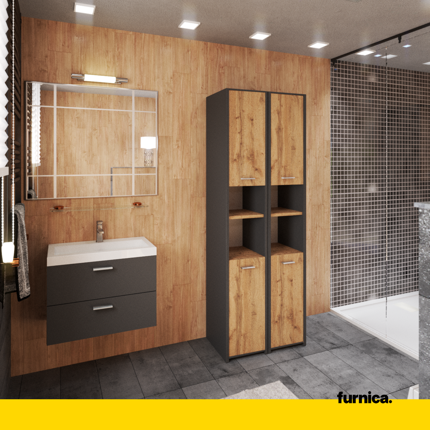 Armadio da bagno EMMA con ante e ripiani - Antracite / Rovere Wotan H165cm L30cm P30cm