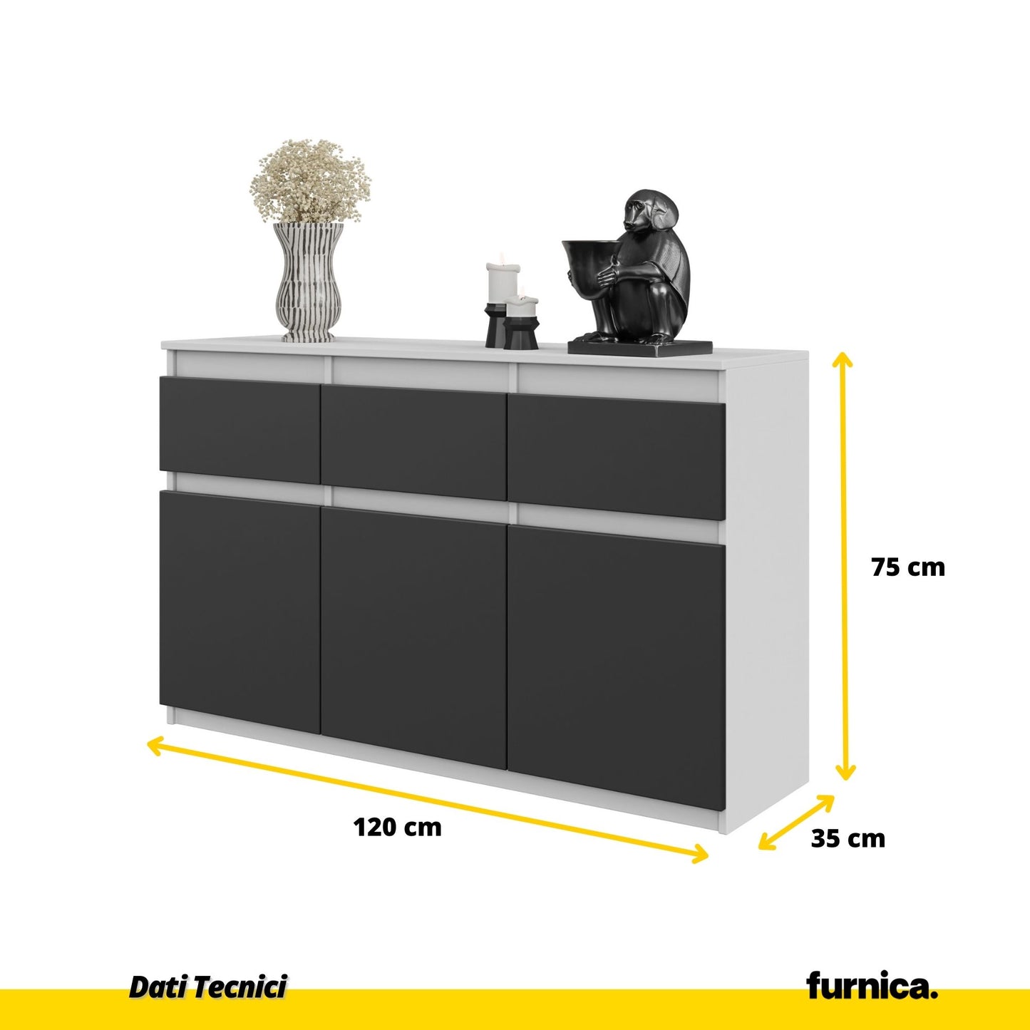 NOAH - Cassettiera con 3 cassetti e 3 ante - Credenza per camera da letto - Bianco opaco / Antracite