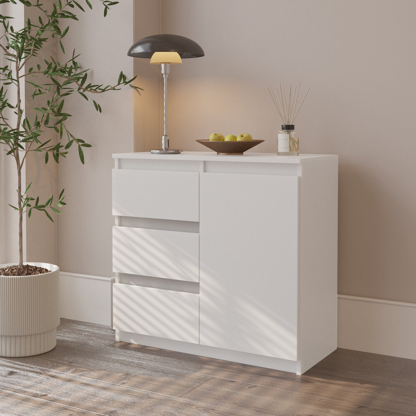 MIKEL - Cassettiera con 3 cassetti e 1 anta - Credenza per camera da letto - Bianco Opaco