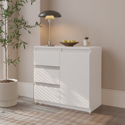 MIKEL - Cassettiera con 3 cassetti e 1 anta - Credenza per camera da letto - Bianco Opaco