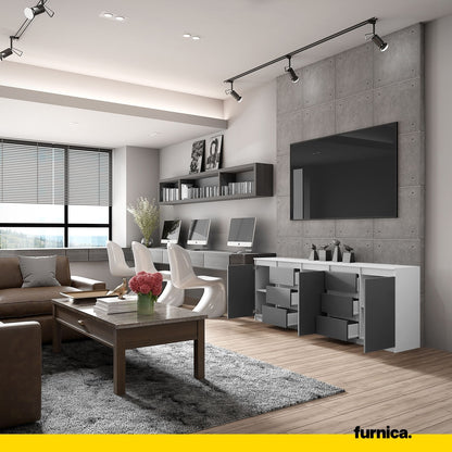 MIKEL - Cassettiera a 6 cassetti e 3 ante - Credenza per camera da letto - Bianco Opaco / Antracite H75cm L200cm P35cm