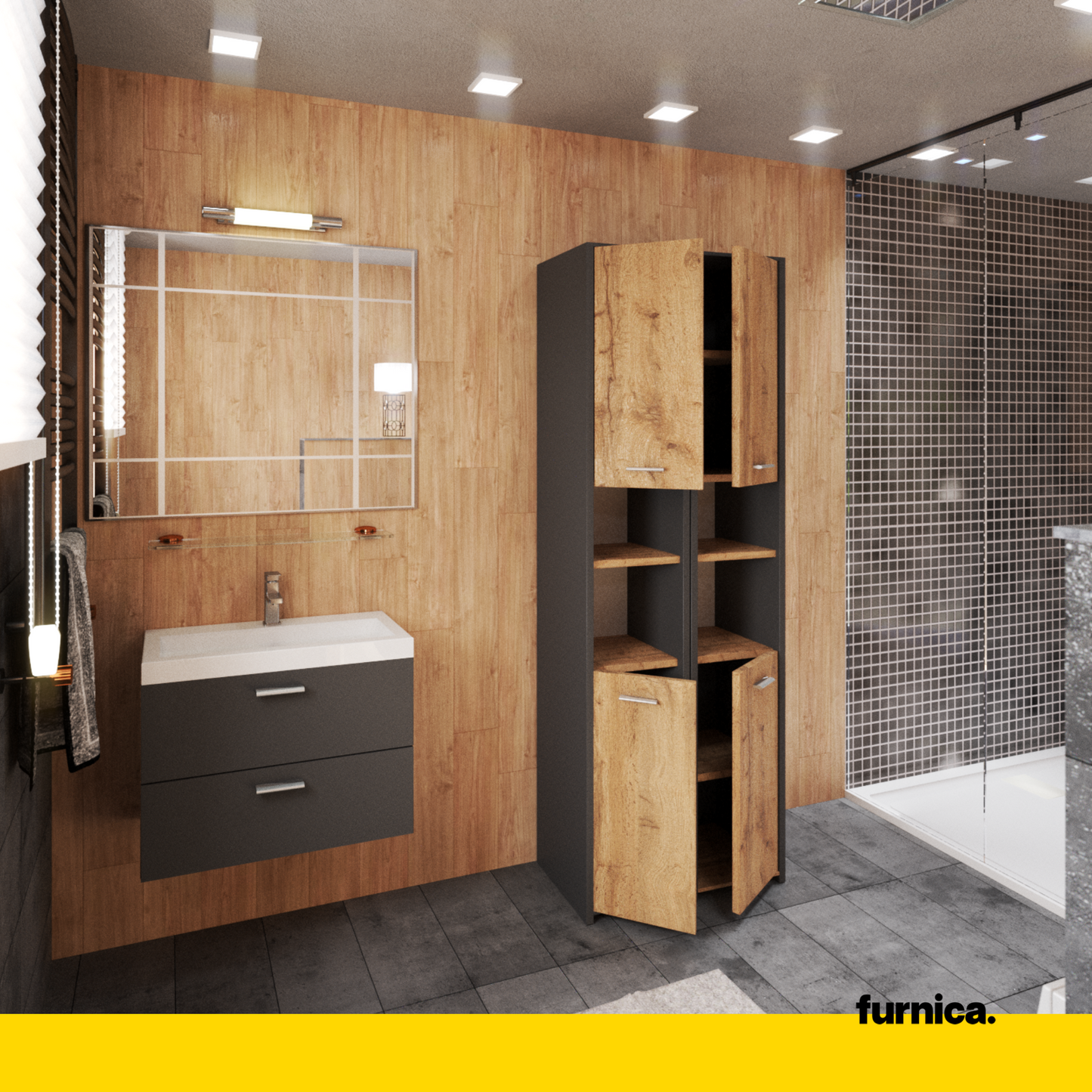 Armadio da bagno EMMA con ante e ripiani - Antracite / Rovere Wotan H165cm L30cm P30cm