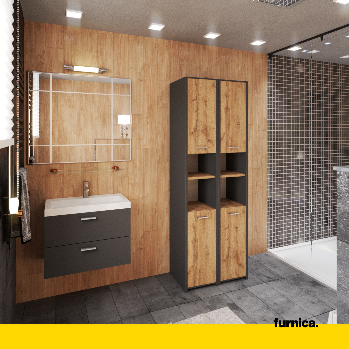 EMMA - Mobile bagno doppio con ante e ripiani - Antracite / Rovere Wotan H165cm L60cm P30cm