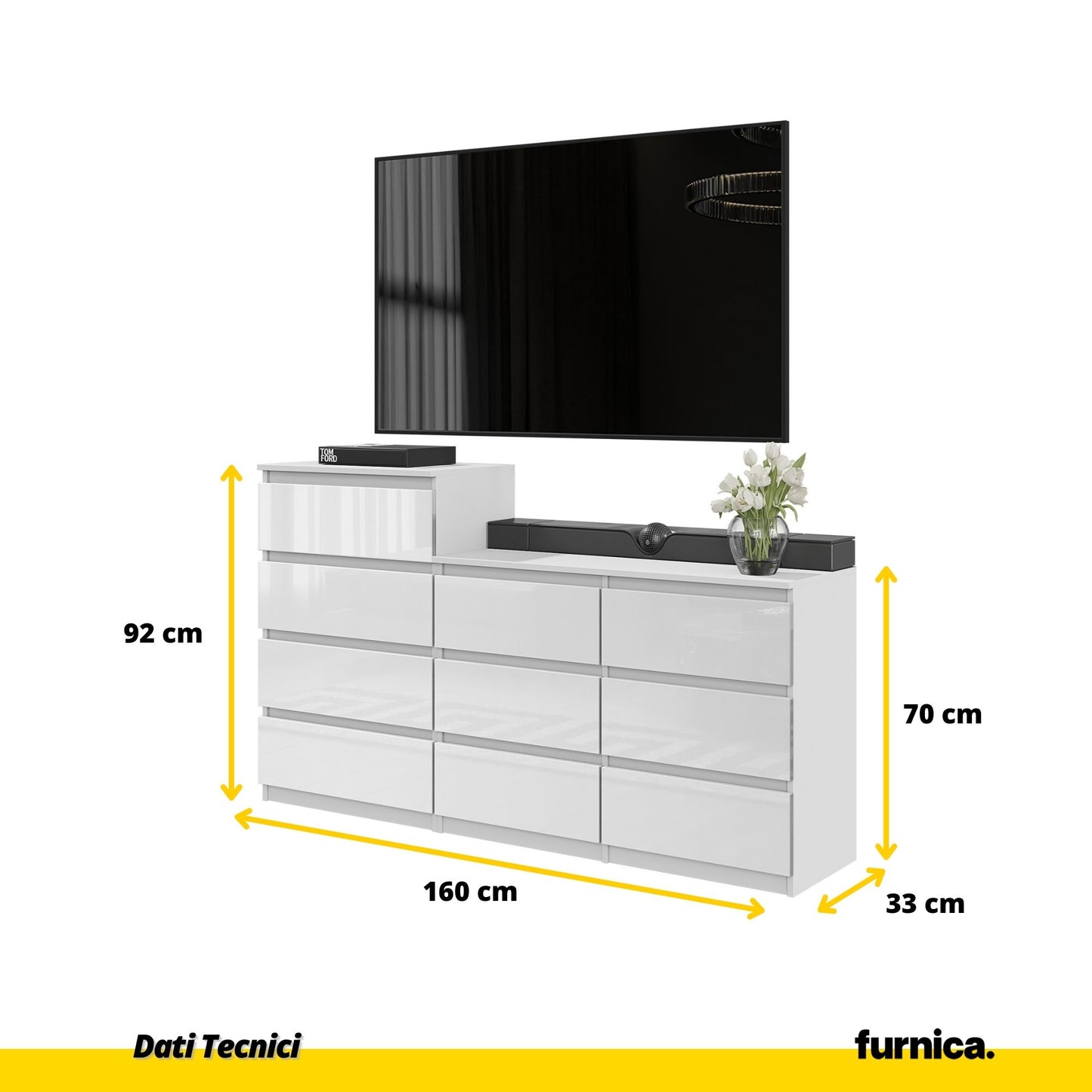 GABRIEL - Cassettiera a 10 cassetti (6+4) - Credenza per camera da letto - Bianco lucido