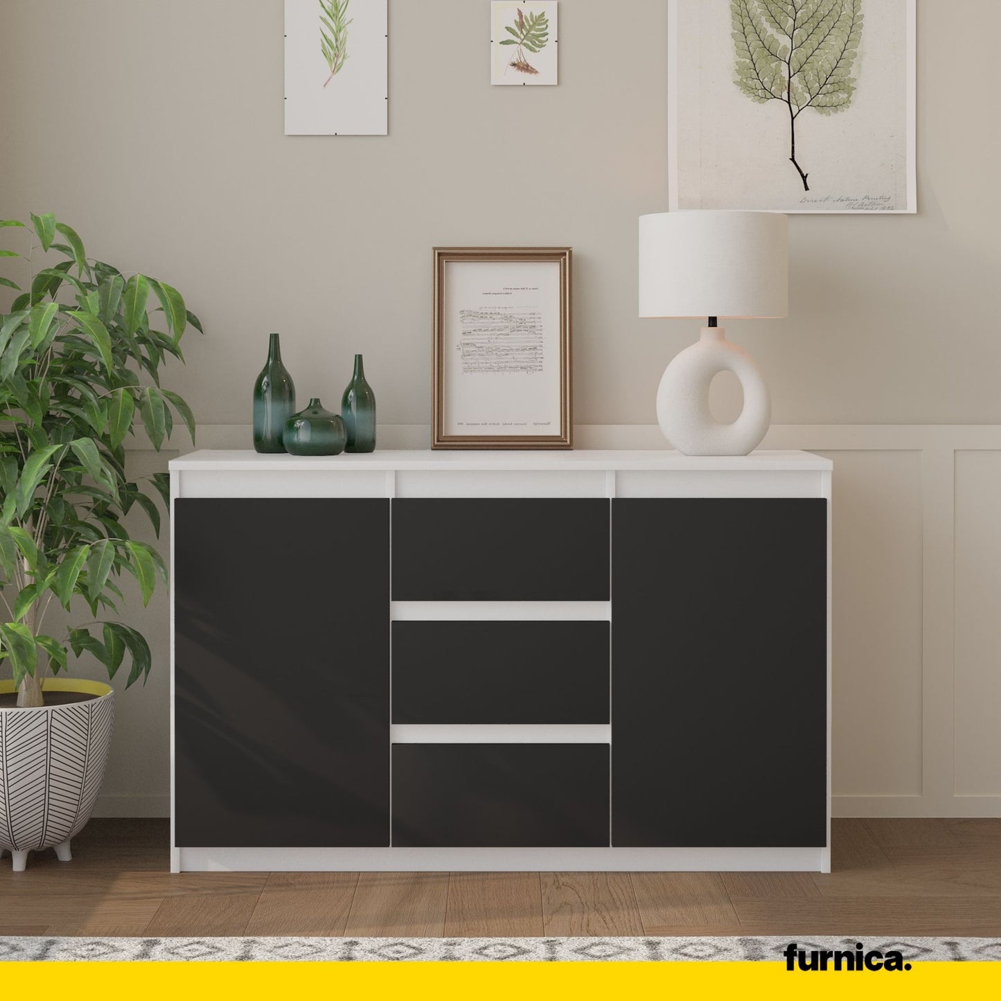 MIKEL - Cassettiera con 3 cassetti e 2 ante - Credenza per camera da letto - Bianco Opaco / Antracite