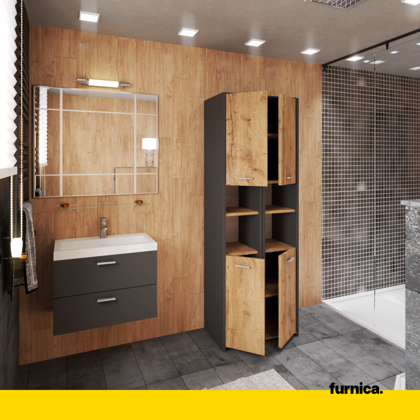 EMMA - Mobile bagno doppio con ante e ripiani - Antracite / Rovere Wotan H165cm L60cm P30cm