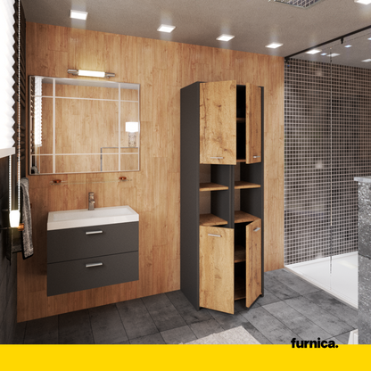 EMMA - Mobile bagno doppio con ante e ripiani - Antracite / Rovere Wotan H165cm L60cm P30cm