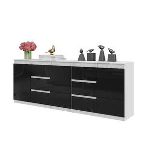 MIKEL - Cassettiera con 6 cassetti e 3 ante - Credenza per camera da letto - Bianco Opaco / Nero Lucido H75cm L200cm P35cm
