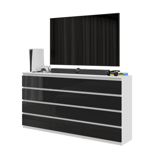 GABRIEL - Cassettiera a 12 cassetti (8+4) - Credenza per camera da letto - Bianco opaco / Nero lucido