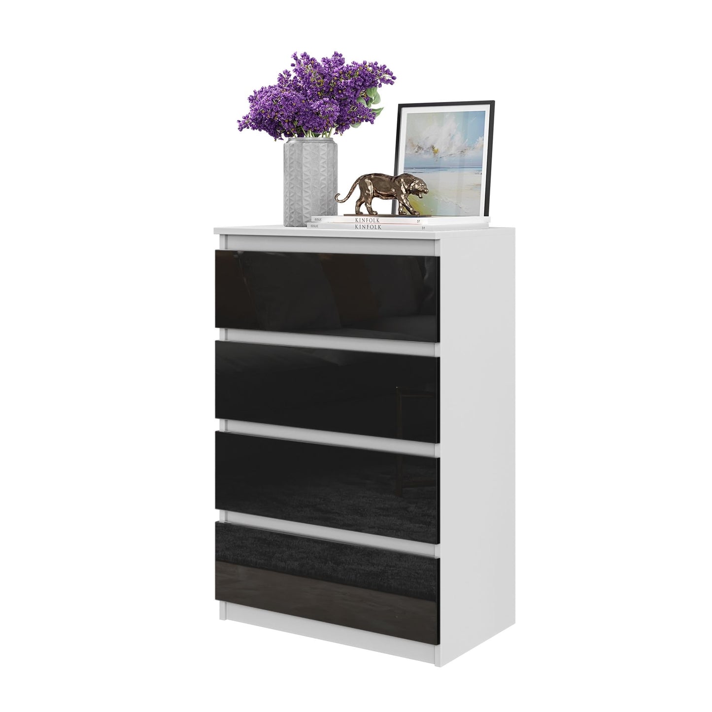 GABRIEL - Cassettiera a 4 cassetti - Credenza per camera da letto - Bianco opaco / Nero lucido