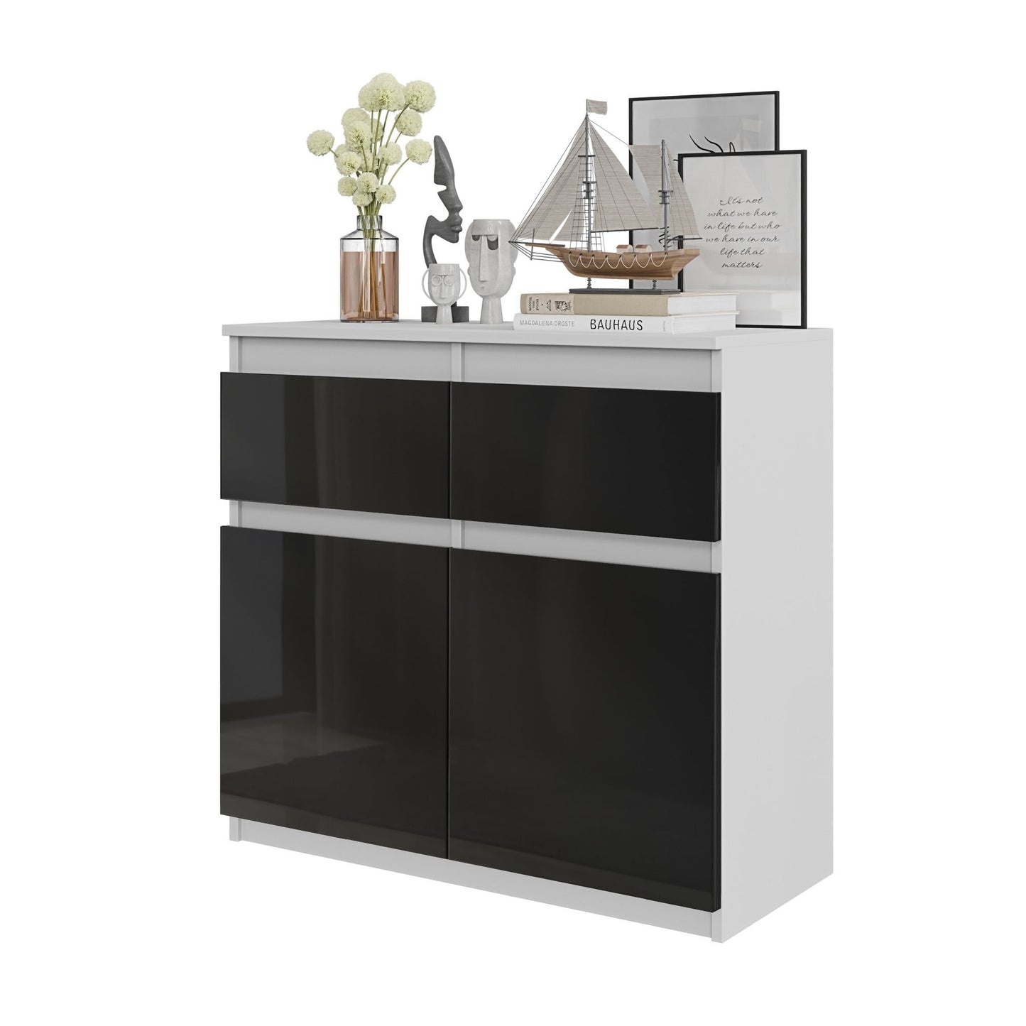 NOAH - Cassettiera con 2 cassetti e 2 ante - Credenza per camera da letto - Bianco Opaco / Nero Lucido