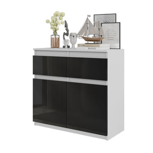 NOAH - Cassettiera con 2 cassetti e 2 ante - Credenza per camera da letto - Bianco Opaco / Nero Lucido