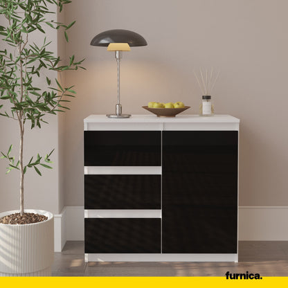 MIKEL - Cassettiera con 3 cassetti e 1 anta - Credenza per camera da letto - Bianco Opaco / Nero Lucido