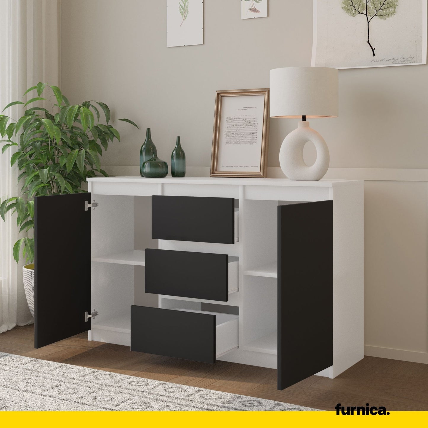 MIKEL - Cassettiera con 3 cassetti e 2 ante - Credenza per camera da letto - Bianco Opaco / Antracite