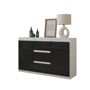 MIKEL - Cassettiera con 3 cassetti e 2 ante - Credenza per camera da letto - Bianco Opaco / Nero Lucido