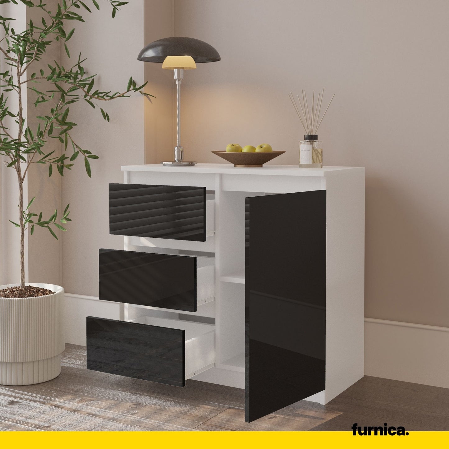 MIKEL - Cassettiera con 3 cassetti e 1 anta - Credenza per camera da letto - Bianco Opaco / Nero Lucido