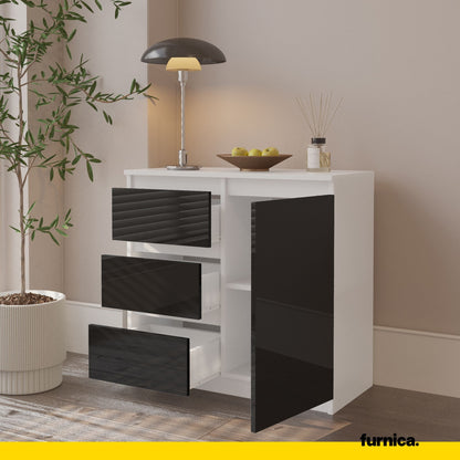 MIKEL - Cassettiera con 3 cassetti e 1 anta - Credenza per camera da letto - Bianco Opaco / Nero Lucido