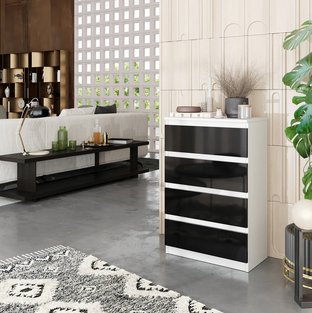 GABRIEL - Cassettiera a 4 cassetti - Credenza per camera da letto - Bianco opaco / Nero lucido
