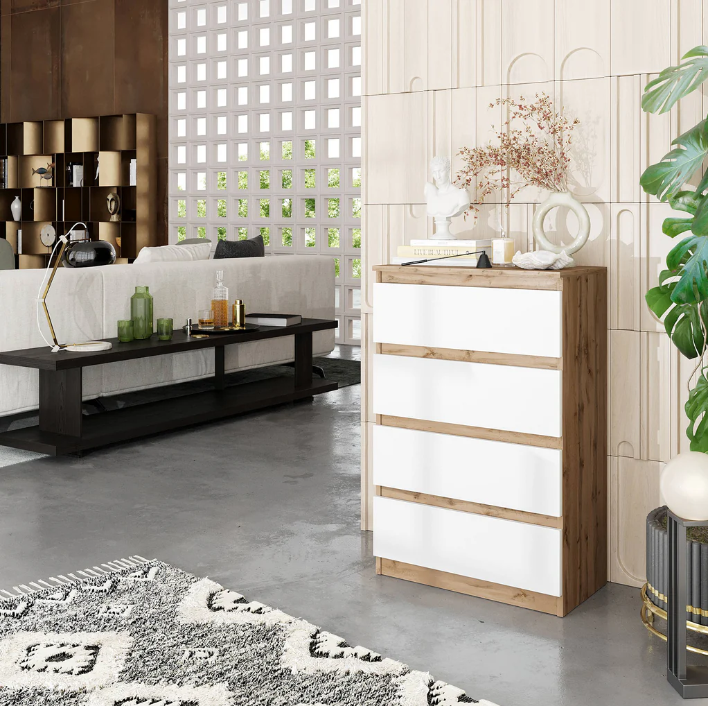 GABRIEL - Cassettiera a 4 cassetti - Credenza per camera da letto - Quercia wotan / Bianco opaco