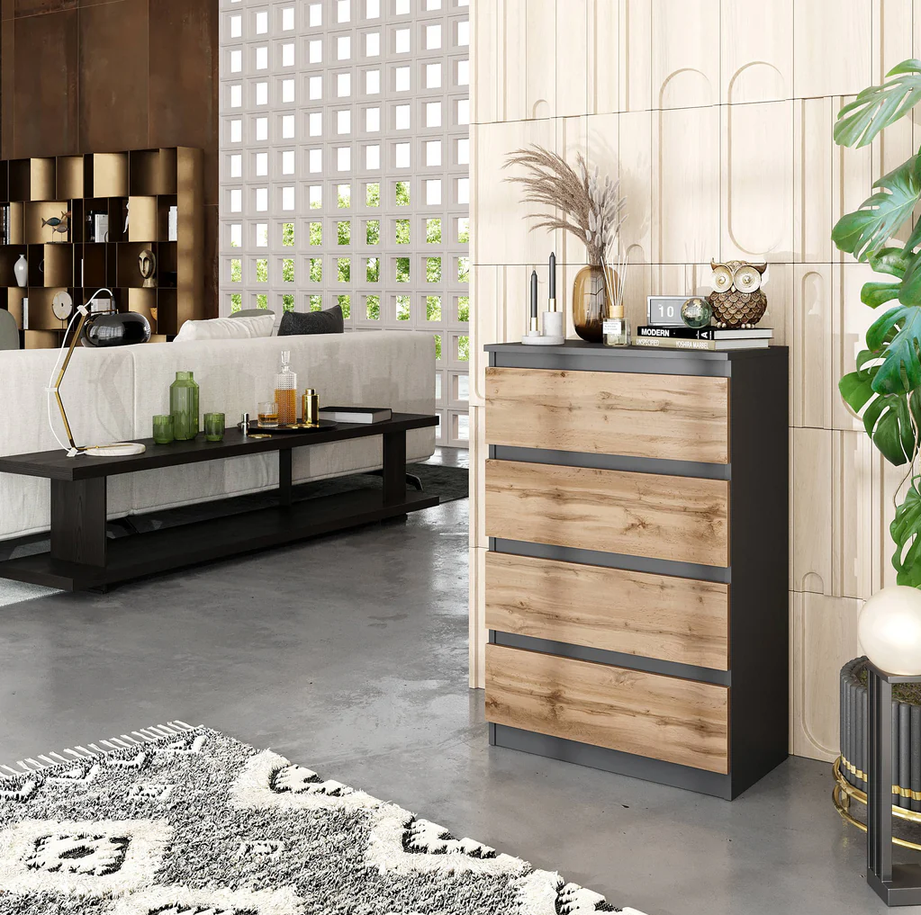 GABRIEL - Comò a 4 cassetti - Credenza per camera da letto - Antracite / Rovere Wotan