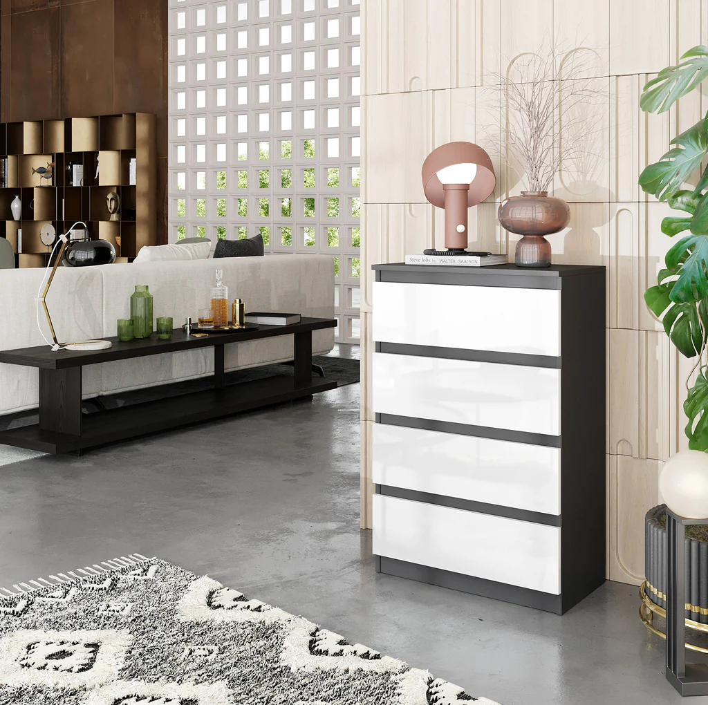 GABRIEL - Cassettiera a 4 cassetti - Credenza per camera da letto - Antracite / Bianco lucido
